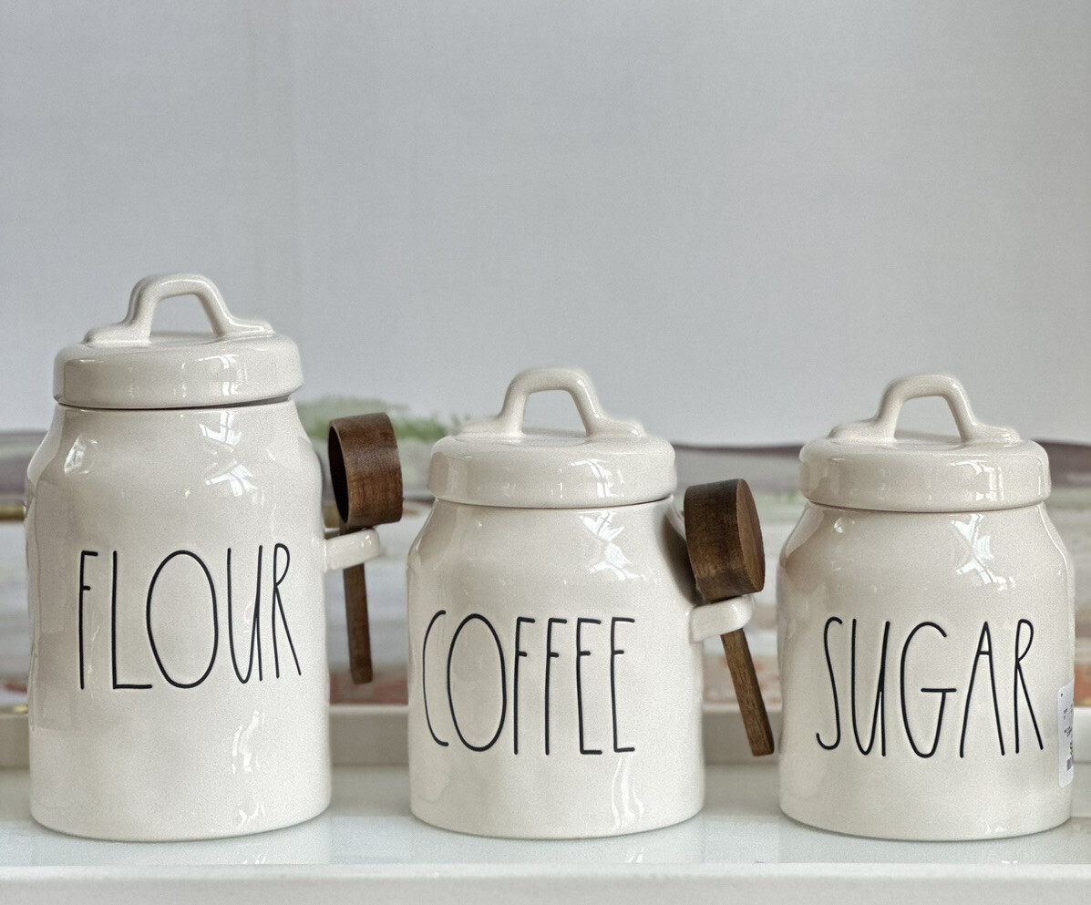 NEW Rae Dunn COFFE/ FLOUR W/ Wooden Scoop & SUGAR Canister Set