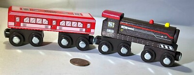 Battat Wooden Train Locomotive + Passenger Car 2 Pc Lot ~ Wood and Wheels Train
