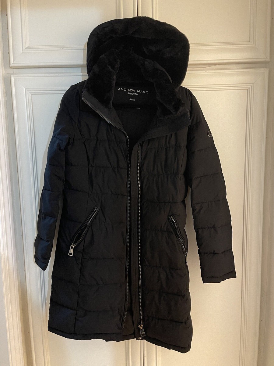 Andrew Marc Black Long Stretch Women's Quilted Hooded Puffer Coat