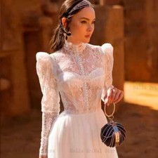 Exquisite High Neck Wedding Dresses Bridal Gowns Button A-Line Sweep Train Tulle