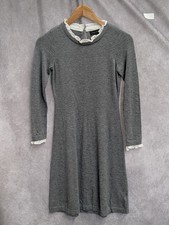 Tahari Merino Wool Gray Long Sleeve Sweater Dress Ruffled Collar and Cuffs Small