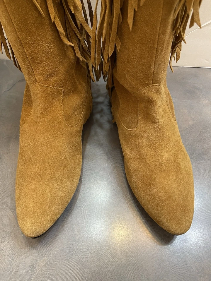 Sam Edelman Cowgirl Saddle Cognac Suede Flat Boot Western Fringe Knee High Sz 10 - Image 3 of 4