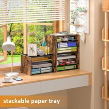 3-Tier Paper Letter Tray Wooden Desk File Organizer Stackable Metal Mesh Office