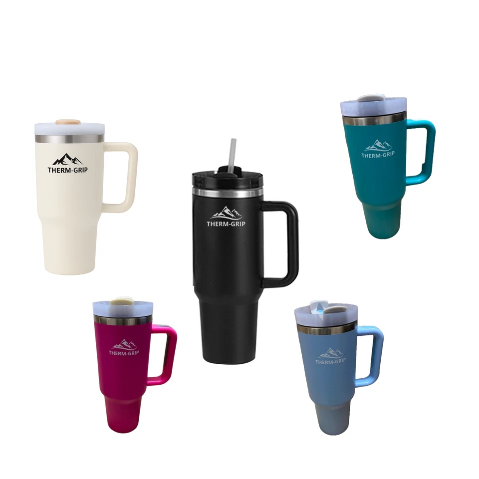 Vidrio térmico Therm-Grip 40 oz con mango y pajita - verde oliva Foto 4 de 4