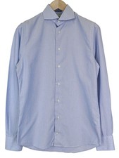 SUITSUPPLY Men's Shirt 37/14 1/2 Extra Slim Blue Striped Cotton Twill Button-Up