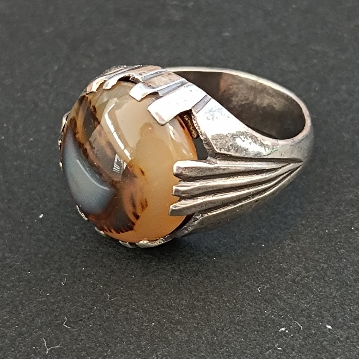 Sterling Silver Ring Men's Vintage Natural Brown Stone Signet