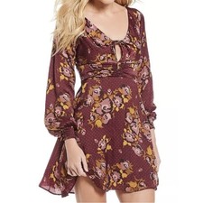 Free People purple satin Morning Light floral long sleeve mini dress size 2