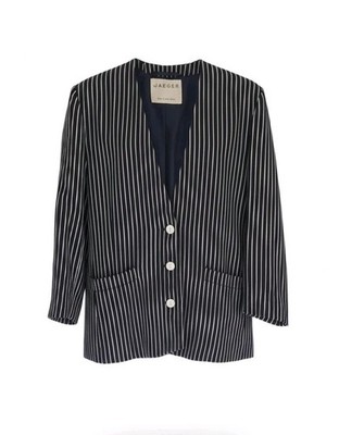 Jaeger Vintage 100% Wool Jacket Womens Pinstripe  Blazer Black Striped UK 10-12 