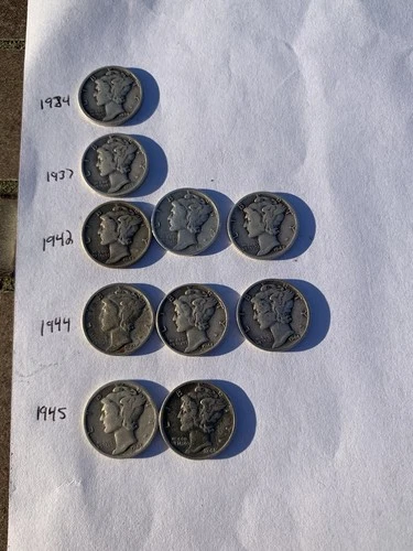 10 Silver Mercury Dimes 1934-1945 90%Silver Circulated! Good Lot! L@@K!