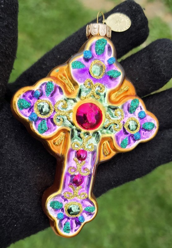 ~"CHRISTOPHER RADKO CELEBRATIONS "CROSS" HAND CRAFTED GLASS CHRISTMAS ORNAMENT~