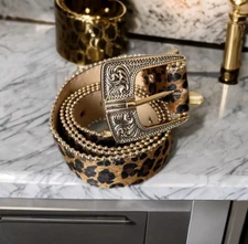 Western Fuzzy Leapord Studded Belt Snake Eyelets Y2k Cheatah Print W/ FREE SHIP