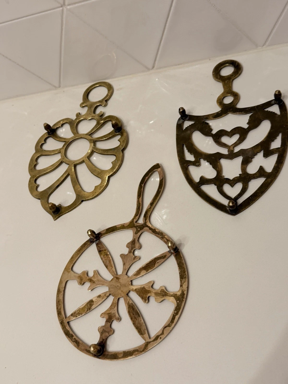 Vintage Brass Trivet Lot of 3 Heart Dragon Floral Round Footed Kitchen Decor image 5