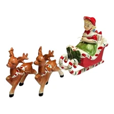 VTG Lipper & Mann Japan Christmas Girl in Candy Cane Sleigh with Reindeer 1950