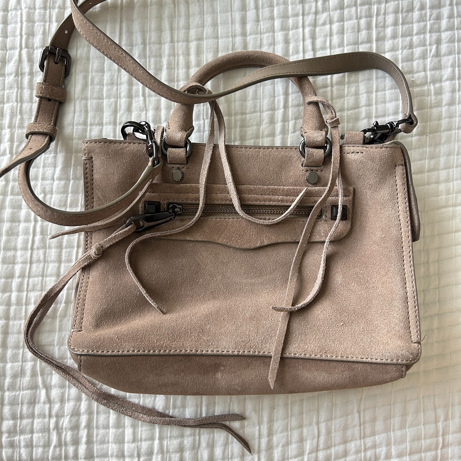 Rebecca Minkoff Mini Regan Satchel Suede Leather Taupe Beige Crossbody Tote