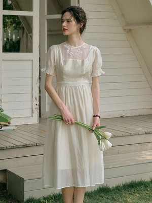 white dress with mesh puff sleeves Ashley Round Neck Mesh Embroidered Puff Sleeve Dress- White Size Medium