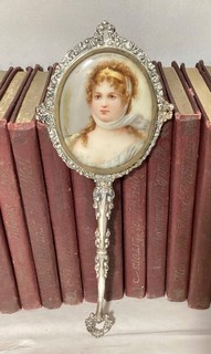 Antique FRENCH Sterling Silver Hand Mirror w/Hand Painted Porcelain Portrait