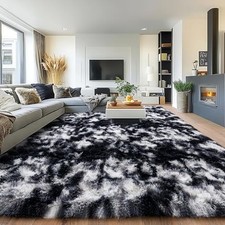 8x10 Rug for Living Room, Fuzzy Plush Large Area Rug, 8x10 Feet Black White