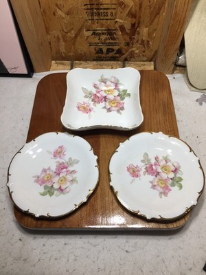VTG 3 Schumann Arzberg Bavaria ''Wild Rose'' Plates and Bowl Gold-Gilded Edges