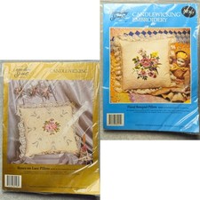 Lot 2 Vintage Candlewicking Pillow Kits Roses on Lace Floral Bouquet Sealed