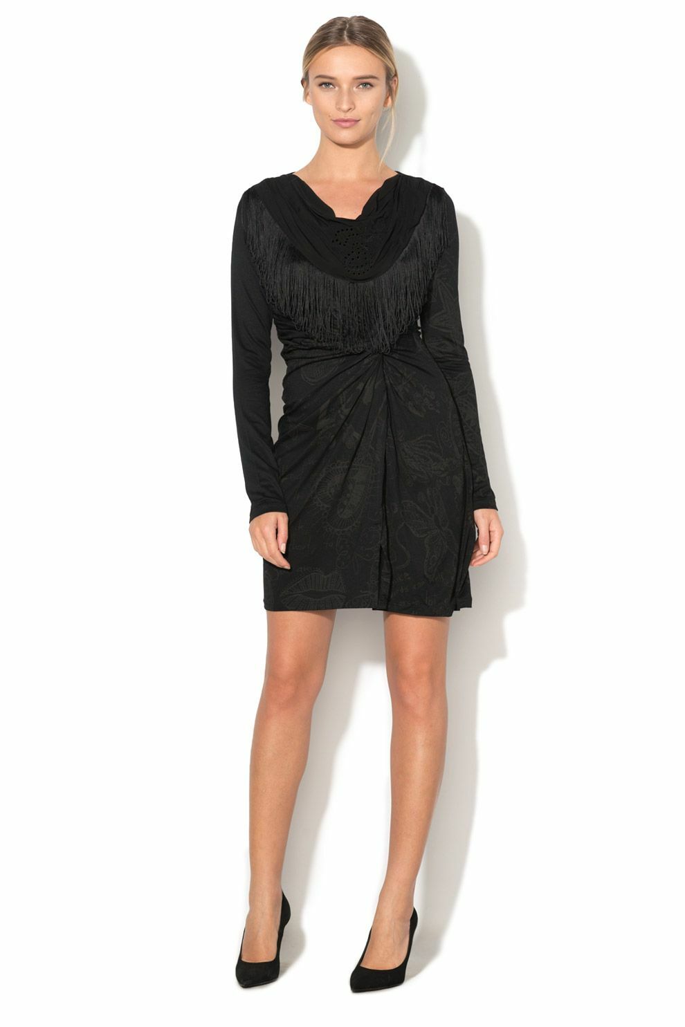 DESIGUAL #59V20C6 Vestido ELO estampado negro elástico manga larga con flecos