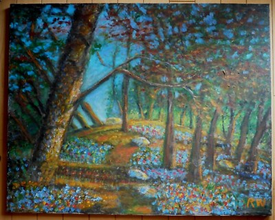 ROBERT WENZEL, VINTAGE OIL MODERN MODERNIST NATURE LANDSCAPE TREES WOODLAND PATH