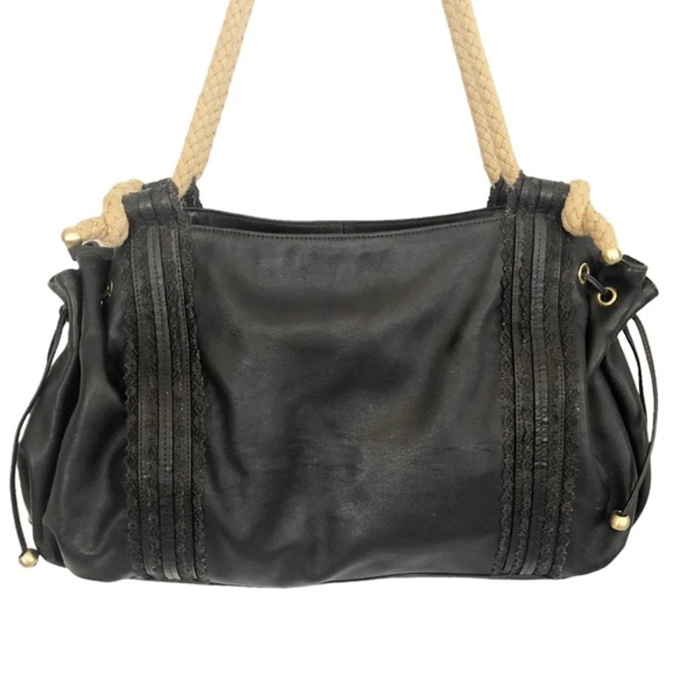 HILARY RADLEY Black Leather Lace Trim Rope Handle Satchel Bag - Image 2 of 4