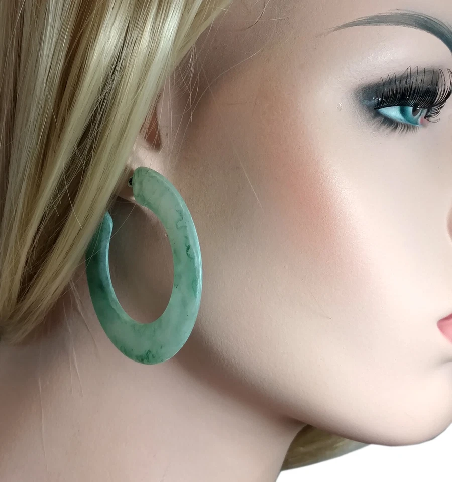 Earrings Hoop Big Bold Statement Wide Clear Lucite Marbled Patina Green 2 1/4" - Image 2 of 4