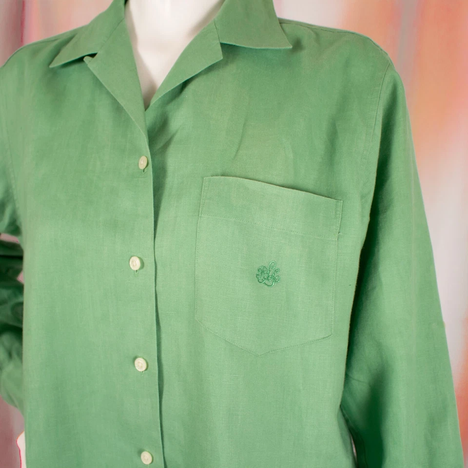 RALPH LAUREN Green Lime Solid Roll-Up Tab Sleeves Women Linen Shirt Size M - Image 2 of 4