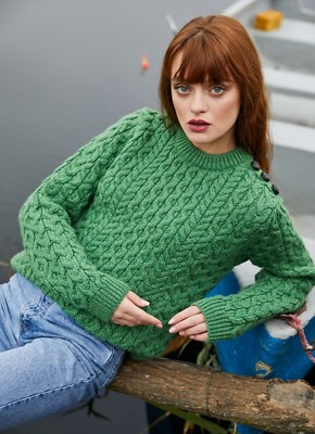 SAOL Aran Irish Women Cable Knit Winter Sweater 100% Merino Wool Made in Ireland