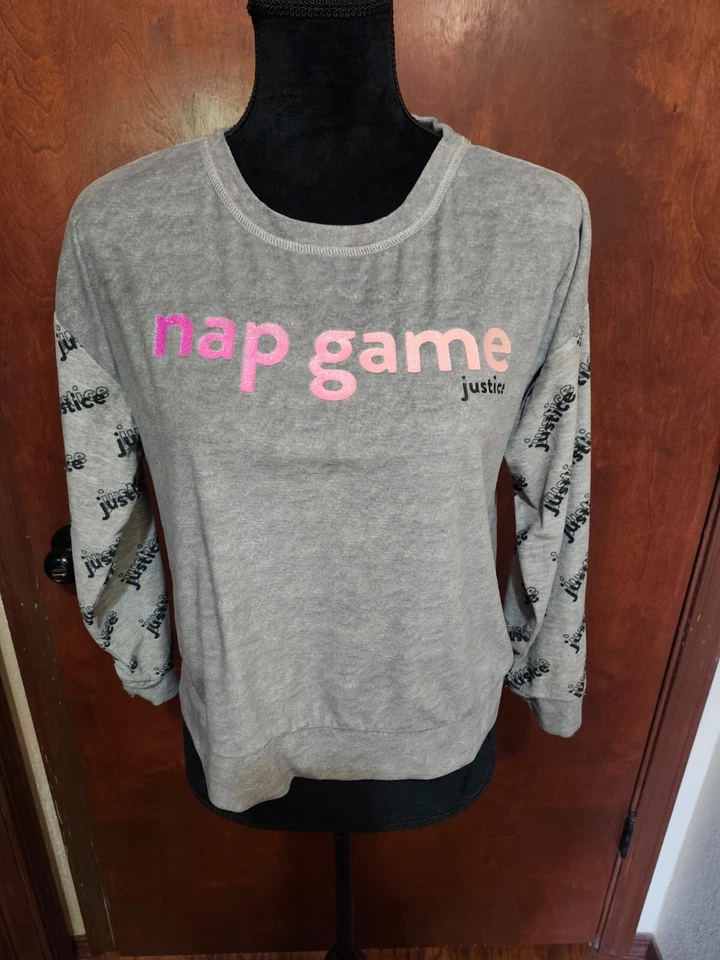Justice Girls Gray Nap Game PJ's Set Fleece Long Sleeve Top PJ's Large (13/14). - Image 2 of 4