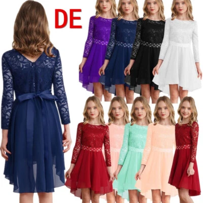 DE ranrann Mädchen Langarm Spitzen Kleid Strass Hochzeit Festlich Partykleid