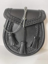 Scottish Kilt Black Braided Sporran Embossed with Thistle Pin Lock, 3 Matching T