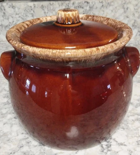 Vintage Hull Oven Proof USA Brown Drip Glaze Cookie Jar / Bean Pot Stoneware Lid