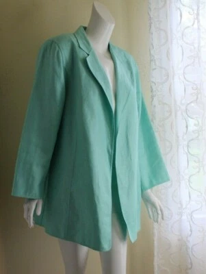 Ellen Tracy 14 Lin Bleu Turquoise Lourd Lin Minimaliste Ouvert Veste Blazer - Photo 1/4