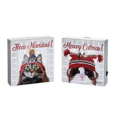 Feliz Navidad Meowy Catmas Cat Themed LED Lighted Christmas Decor Set of Two