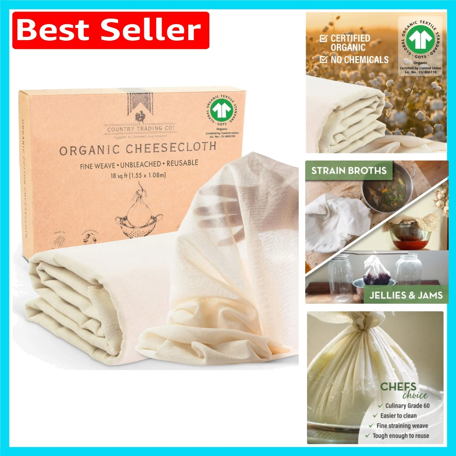 Versatile 1.5m x 1m Organic Cheese Cloth - Ideal for Straining, Brewing & More