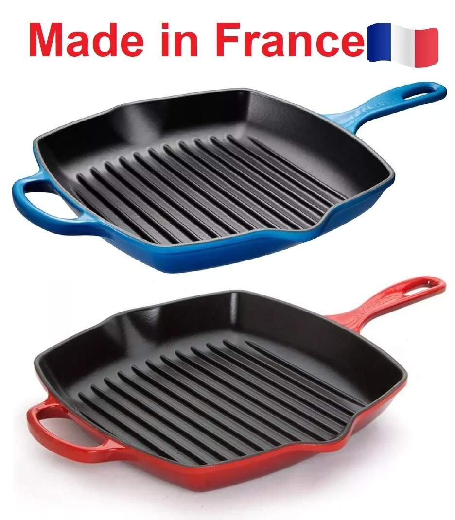 LE CREUSET Cast Iron Signature Square Skillet Grill Pan 10 1/4 in Cherry / Blue✅