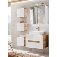 BadezimmermöBel Set Hochglanz Weiß Eiche 50Cm Keramik Waschtisch Spiegelschrank