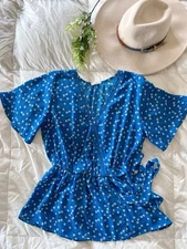 Sienna Sky Medium Wrap Style Blouse Tie Waist Bright Blue Peplum