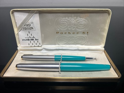 Vintage 1950’s Vista Blue Turquoise Parker 61 Pen And Fountain Set 1st ED w/case