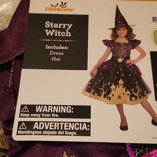 Girls Starry Witch Dress Hat Costume, Glow in Dark Purple Black Size 10/12NEW
