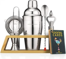 Bartender Kit with Bamboo Stand - Cocktail Shaker Set and Accessories for Home