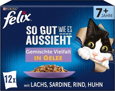FELIX Senior Katzenfutter nass in Gelee, Sorten-Mix, (6 x 12 Beutel à 85g)