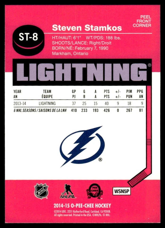 2014-15 O-Pee-Chee Stickers Steven Stamkos Tampa Bay Lightning #ST-8 - Image 2 of 2