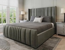 Bed Frame Winged Upholstered Plush Velvet and Naples Fabric Double & King Size