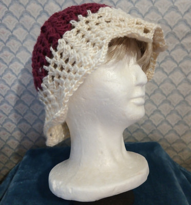 Handmade Crochet Colorblock Beanie Hat, Burgundy Cream Pink One Size Women