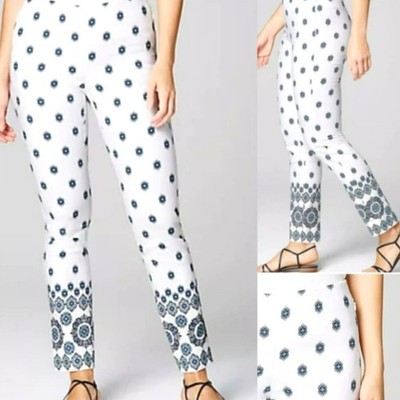 J. JILL Women's 18 White Blue Floral Boho Essential Cotton Stretch Pull On Pants