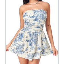 Cider Toile de Jouy Shirred Strapless Mini Dress Blue Cream Tiered Ruffle Large