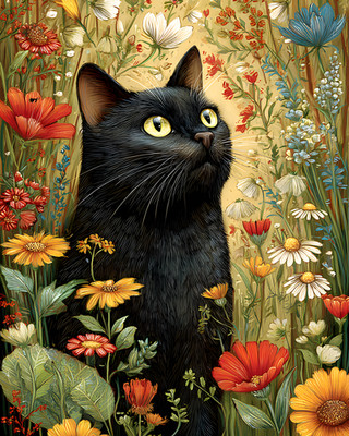 8x10 Cozy Storybook Black Cat Sitting in Field of Flowers Art Print - 606133073