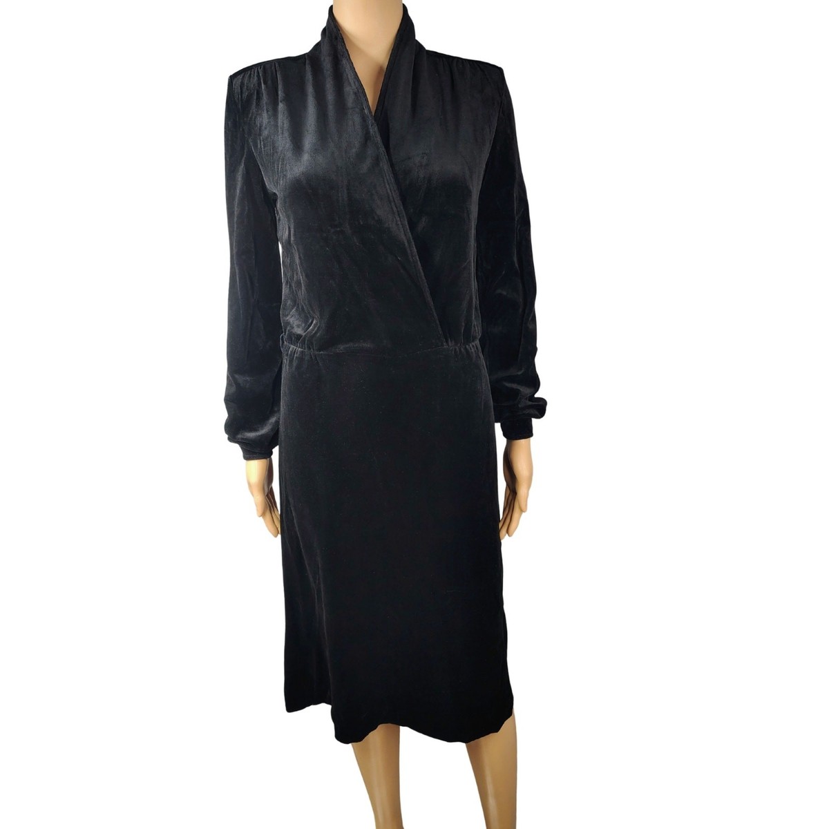 disco semi formal dresses 1970s Black Era Velveteen Faux Wrap Midi Dress Long Sleeve Size Small Chest 54
